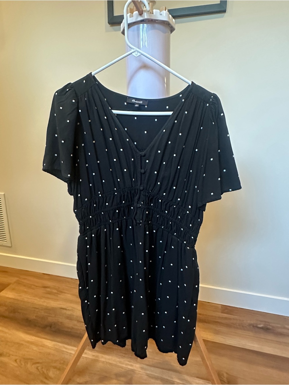 Madewell Black Polka Dot V-Neck Smocked Romper